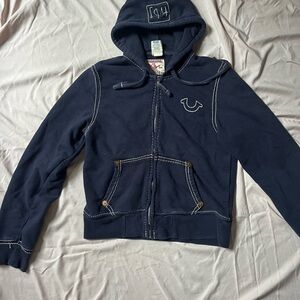Navy Blue Hoodie with White Stitching
